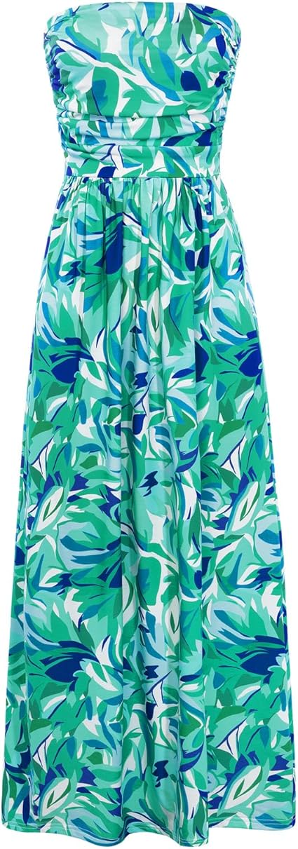 Women Strapless Dress Casual Loose Ruched Long Maxi Dress with Pockets - Floral Green