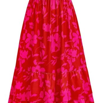 Summer Dresses for Women 2026 Casual Ruffle Smocked Tiered A-Line Boho Floral Maxi Beach Sun Dress with Pockets - Red Rose Red Flower