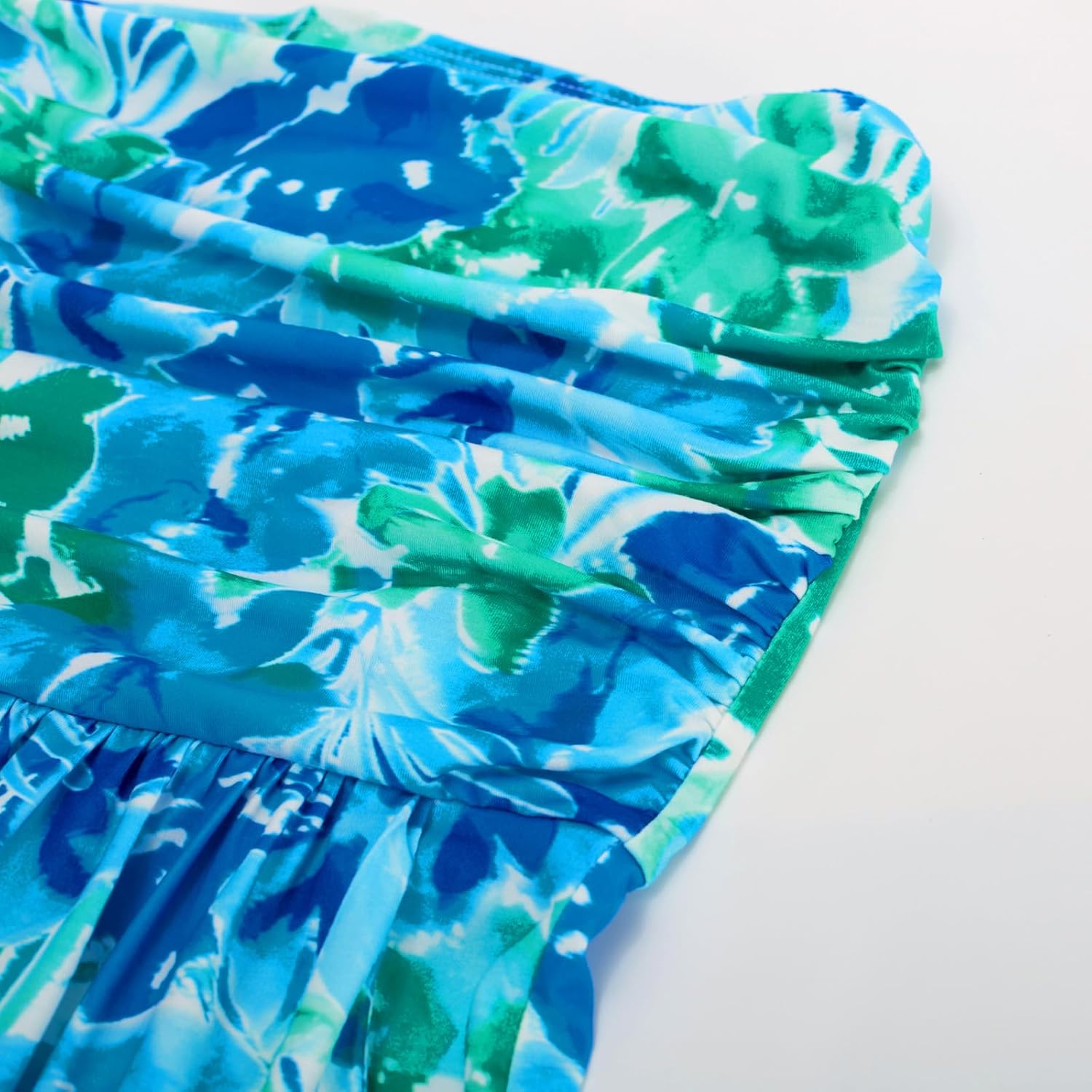 Women Strapless Dress Casual Loose Ruched Long Maxi Dress with Pockets - Blue Green Floral