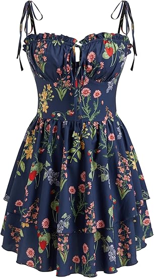 Floral Dress for Women Summer Mini Sundresses Spaghetti Strap Cute Vacation Dresses Boho Casual Outfits - Dark Denim