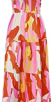 Women's Summer Boho Spaghetti Strap Square Neck Ruffle Casual Flowy Long Dress Beach Swing Party Maxi Dress - Orange