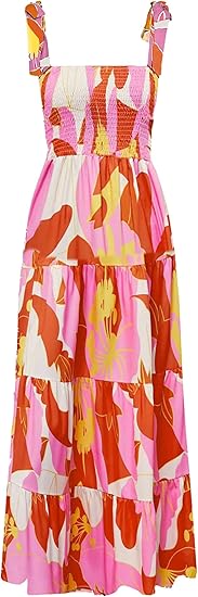 Women's Summer Boho Spaghetti Strap Square Neck Ruffle Casual Flowy Long Dress Beach Swing Party Maxi Dress - Orange