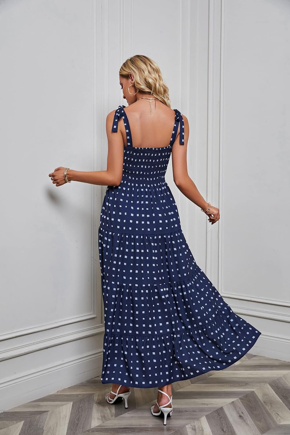 Women's Summer Boho Spaghetti Strap Square Neck Ruffle Casual Flowy Long Dress Beach Swing Party Maxi Dress - Dark Blue