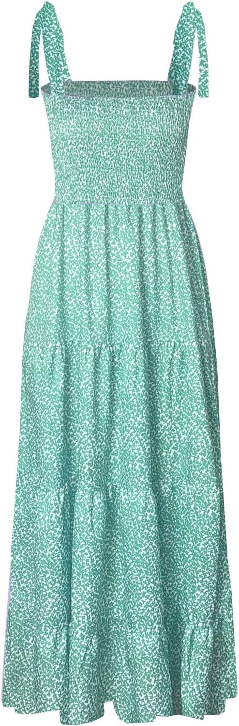 Women's Summer Boho Spaghetti Strap Square Neck Ruffle Casual Flowy Long Dress Beach Swing Party Maxi Dress - Dots Green