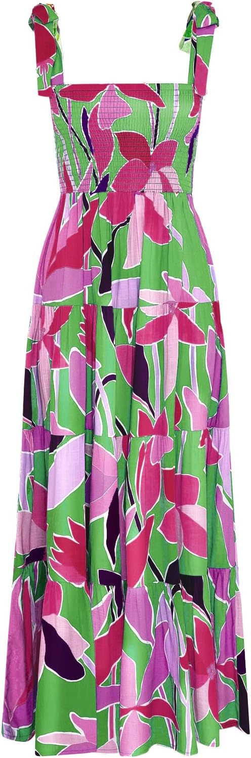 Women's Summer Boho Spaghetti Strap Square Neck Ruffle Casual Flowy Long Dress Beach Swing Party Maxi Dress - Purple Floral