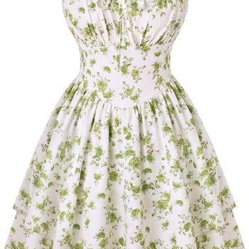Floral Mini Corset Dress for Women Teen 2026 Summer Spring Flowy A-Line Sundress with Pockets - White Green Floral