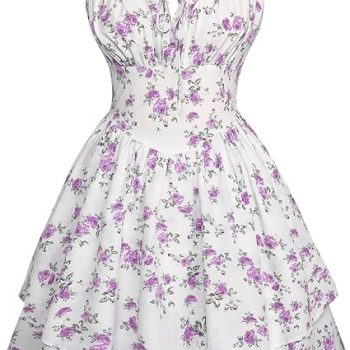 Floral Mini Corset Dress for Women Teen 2026 Summer Spring Flowy A-Line Sundress with Pockets - White Purple Floral