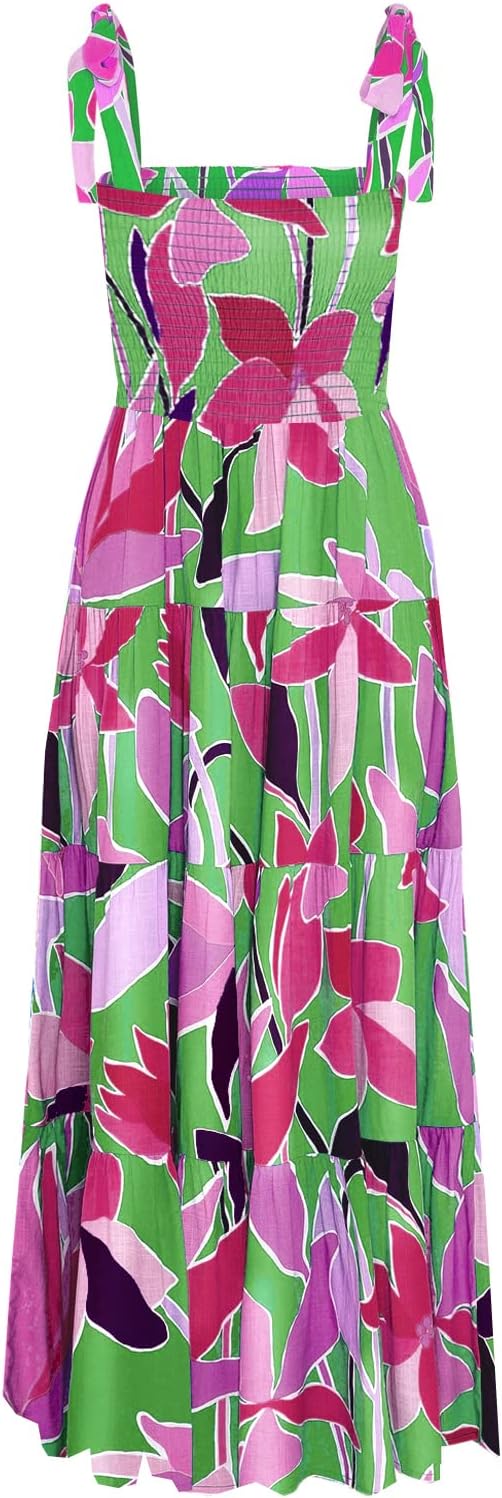 Women's Summer Boho Spaghetti Strap Square Neck Ruffle Casual Flowy Long Dress Beach Swing Party Maxi Dress - Purple Floral