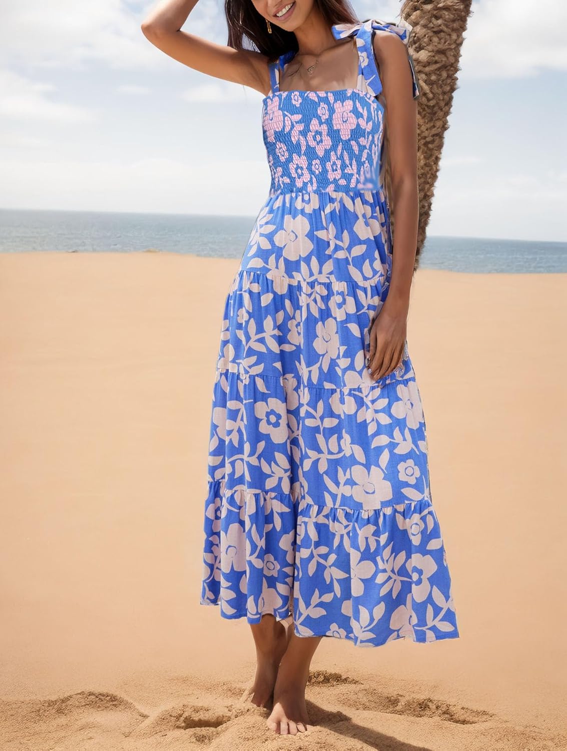 Women's Summer Boho Spaghetti Strap Square Neck Ruffle Casual Flowy Long Dress Beach Swing Party Maxi Dress - H-blue
