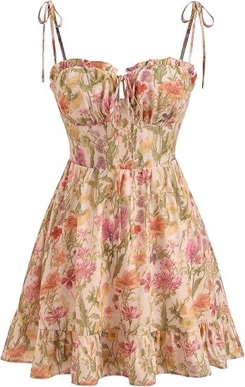 Floral Dress for Women Summer Mini Sundresses Spaghetti Strap Cute Vacation Dresses Boho Casual Outfits - Peach Pink