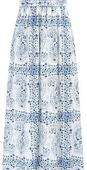 Women Strapless Dress Casual Loose Ruched Long Maxi Dress with Pockets - Floral White