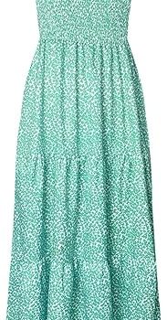 Women's Summer Boho Spaghetti Strap Square Neck Ruffle Casual Flowy Long Dress Beach Swing Party Maxi Dress - Dots Green