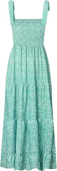 Women's Summer Boho Spaghetti Strap Square Neck Ruffle Casual Flowy Long Dress Beach Swing Party Maxi Dress - Dots Green