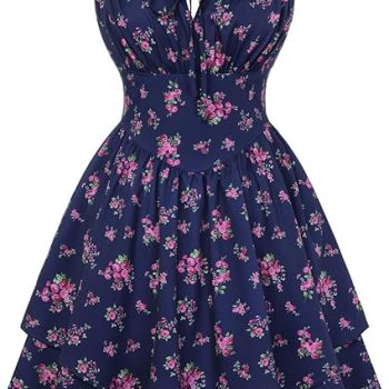 Floral Mini Corset Dress for Women Teen 2026 Summer Spring Flowy A-Line Sundress with Pockets - Navy Fuchsia Floral