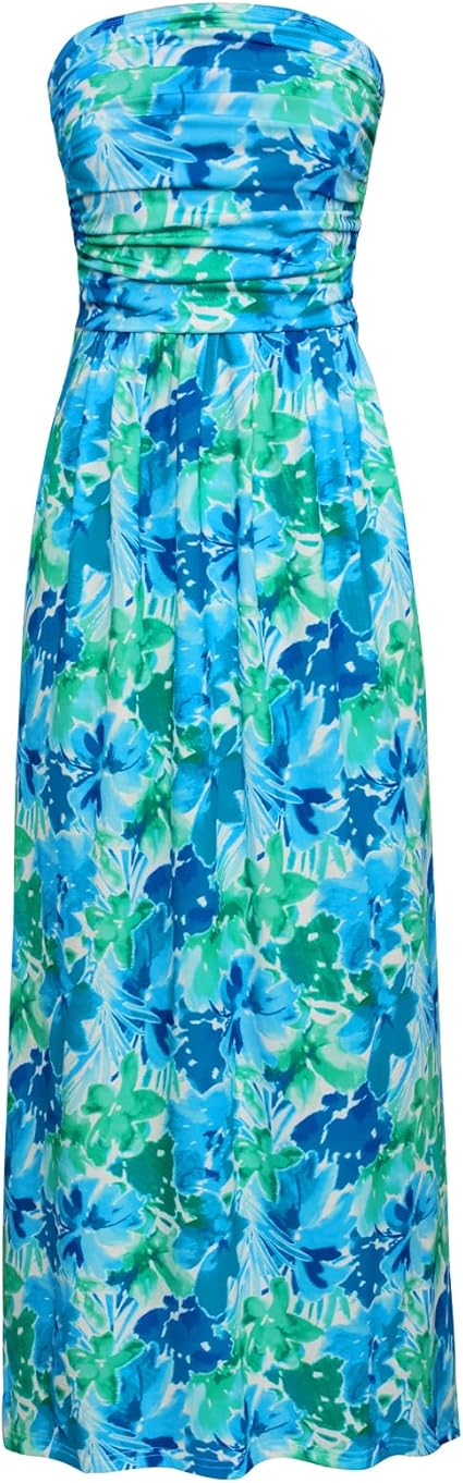 Women Strapless Dress Casual Loose Ruched Long Maxi Dress with Pockets - Blue Green Floral