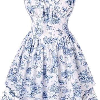 Floral Mini Corset Dress for Women Teen 2026 Summer Spring Flowy A-Line Sundress with Pockets - White Navy Floral