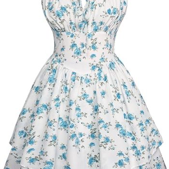 Floral Mini Corset Dress for Women Teen 2026 Summer Spring Flowy A-Line Sundress with Pockets - White Blue Floral