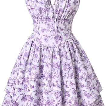 Floral Mini Corset Dress for Women Teen 2026 Summer Spring Flowy A-Line Sundress with Pockets - Purple White Floral