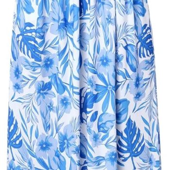 Women Strapless Dress Casual Loose Ruched Long Maxi Dress with Pockets - Flowe White Blue R