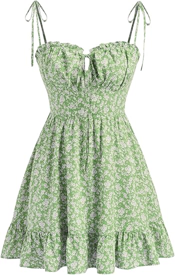 Floral Dress for Women Summer Mini Sundresses Spaghetti Strap Cute Vacation Dresses Boho Casual Outfits - Green