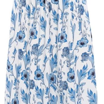 Women Strapless Dress Casual Loose Ruched Long Maxi Dress with Pockets - White Blue Flower