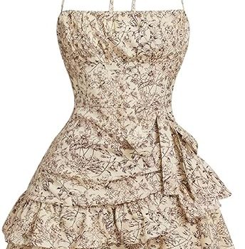Summer Dresses for Women,Tie Halter Mini Dress,Floral Print Short Dress,Ruffle Trim Casual Dresses - Yellow