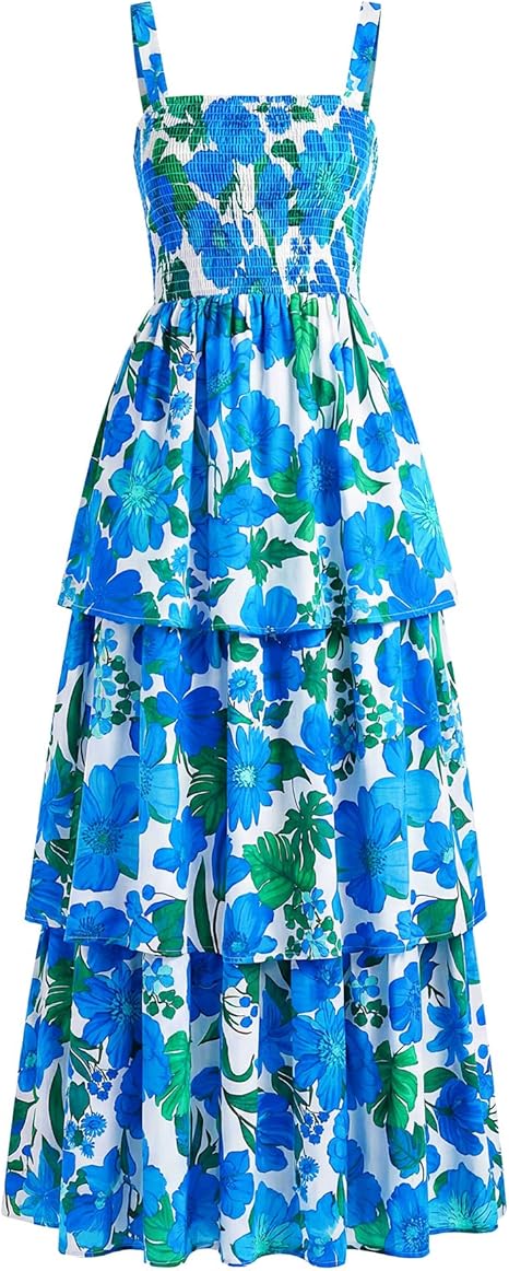 Summer Dresses for Women 2026 Floral Spaghetti Strap Wedding Guest Dress Maxi Beach Vacation Clothes - Floral White Blue