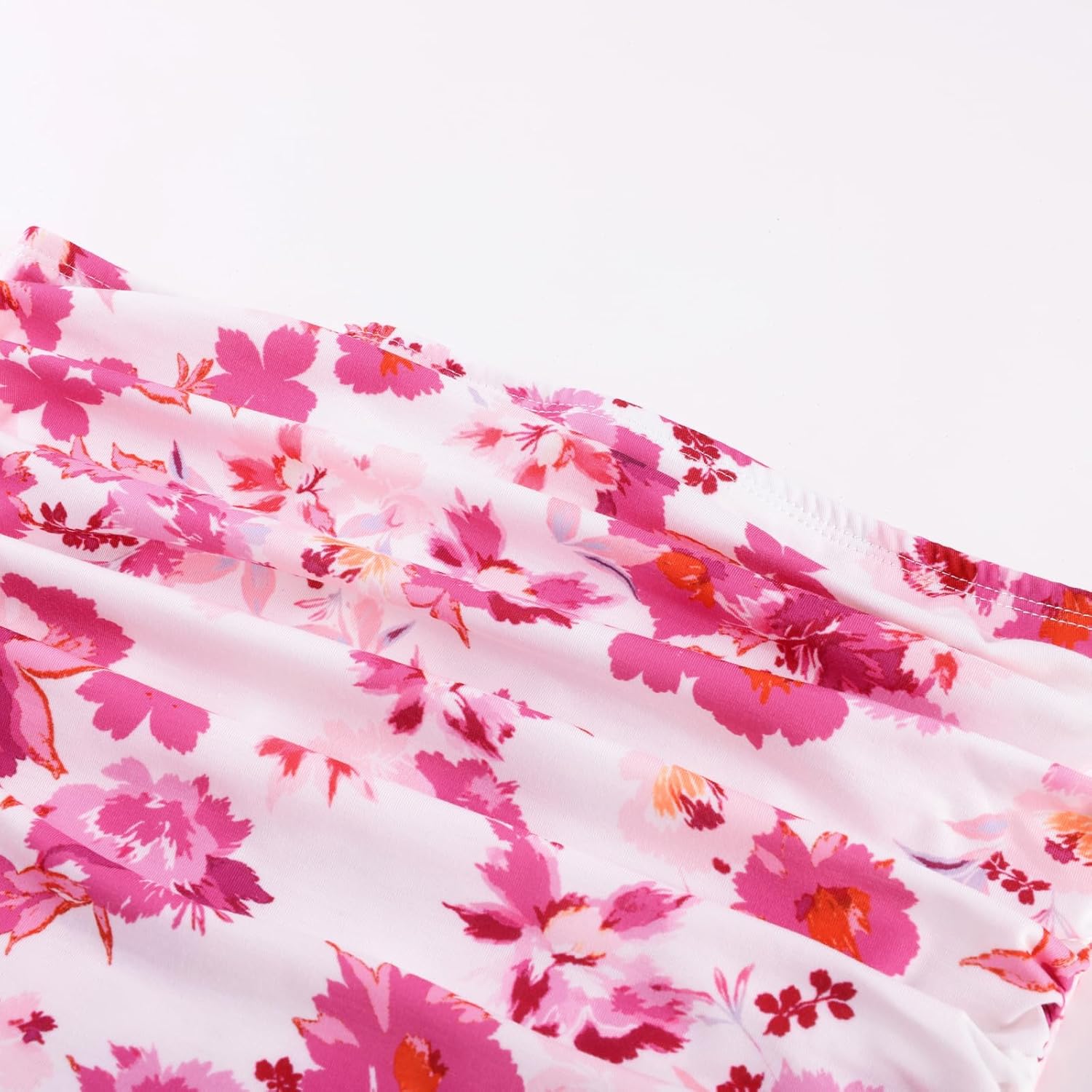 Women Strapless Dress Casual Loose Ruched Long Maxi Dress with Pockets - Flower Pink