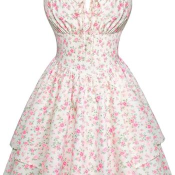 Floral Mini Corset Dress for Women Teen 2026 Summer Spring Flowy A-Line Sundress with Pockets - White Brown Orange Floral