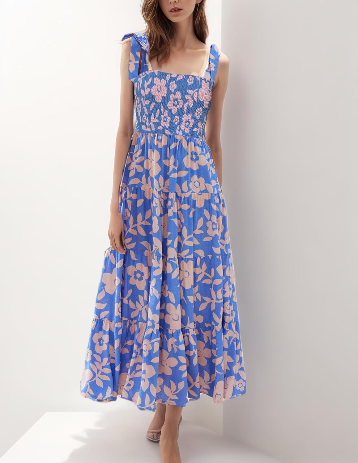 Women's Summer Boho Spaghetti Strap Square Neck Ruffle Casual Flowy Long Dress Beach Swing Party Maxi Dress - H-blue
