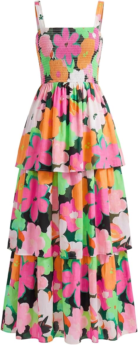 Summer Dresses for Women 2026 Floral Spaghetti Strap Wedding Guest Dress Maxi Beach Vacation Clothes - Floral Multicolored Green