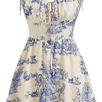 Floral Dress for Women Summer Mini Sundresses Spaghetti Strap Cute Vacation Dresses Boho Casual Outfits - White & Blue