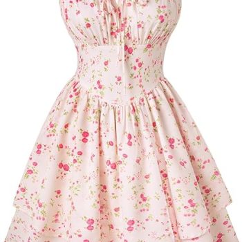 Floral Mini Corset Dress for Women Teen 2026 Summer Spring Flowy A-Line Sundress with Pockets - Beige Red Floral