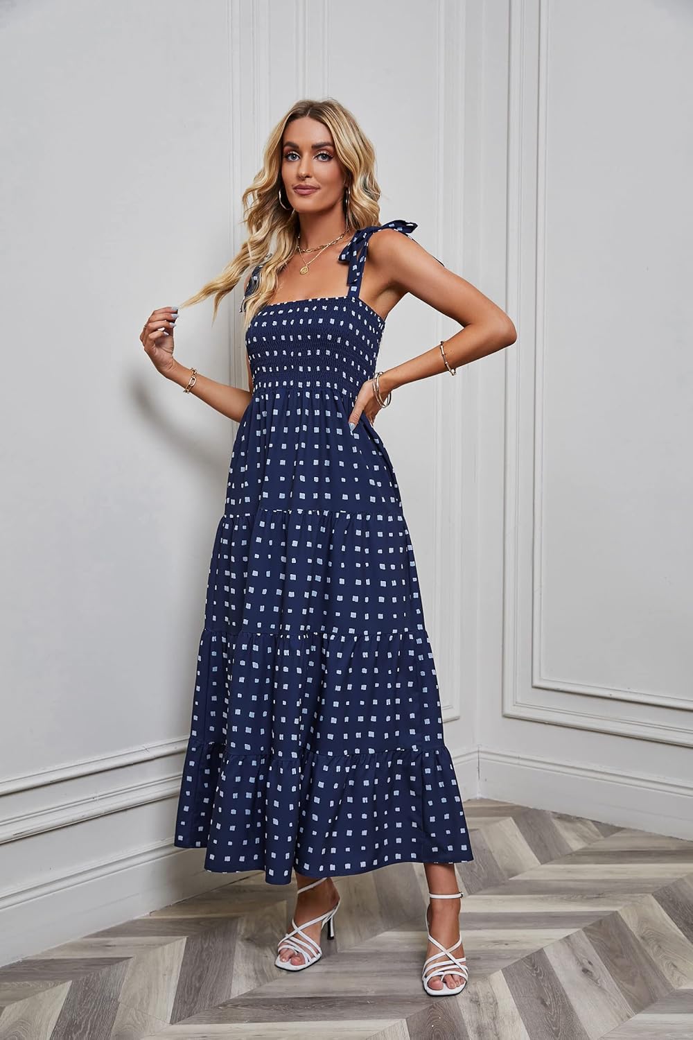 Women's Summer Boho Spaghetti Strap Square Neck Ruffle Casual Flowy Long Dress Beach Swing Party Maxi Dress - Dark Blue