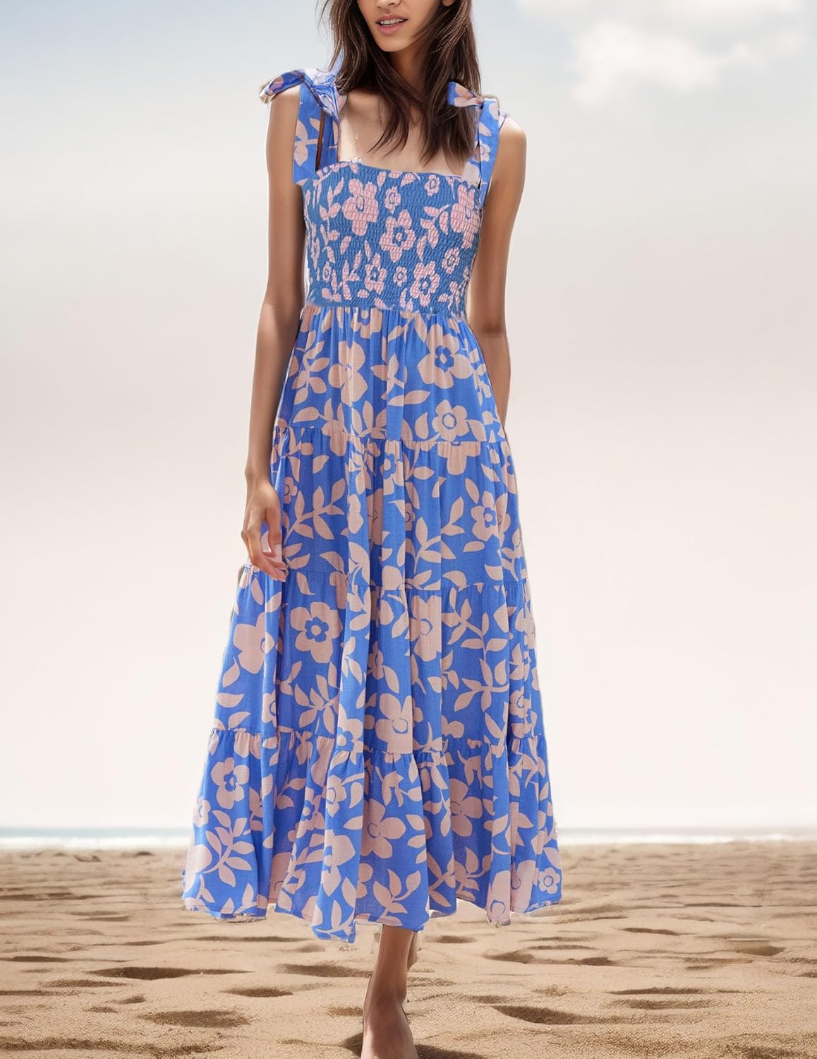 Women's Summer Boho Spaghetti Strap Square Neck Ruffle Casual Flowy Long Dress Beach Swing Party Maxi Dress - H-blue