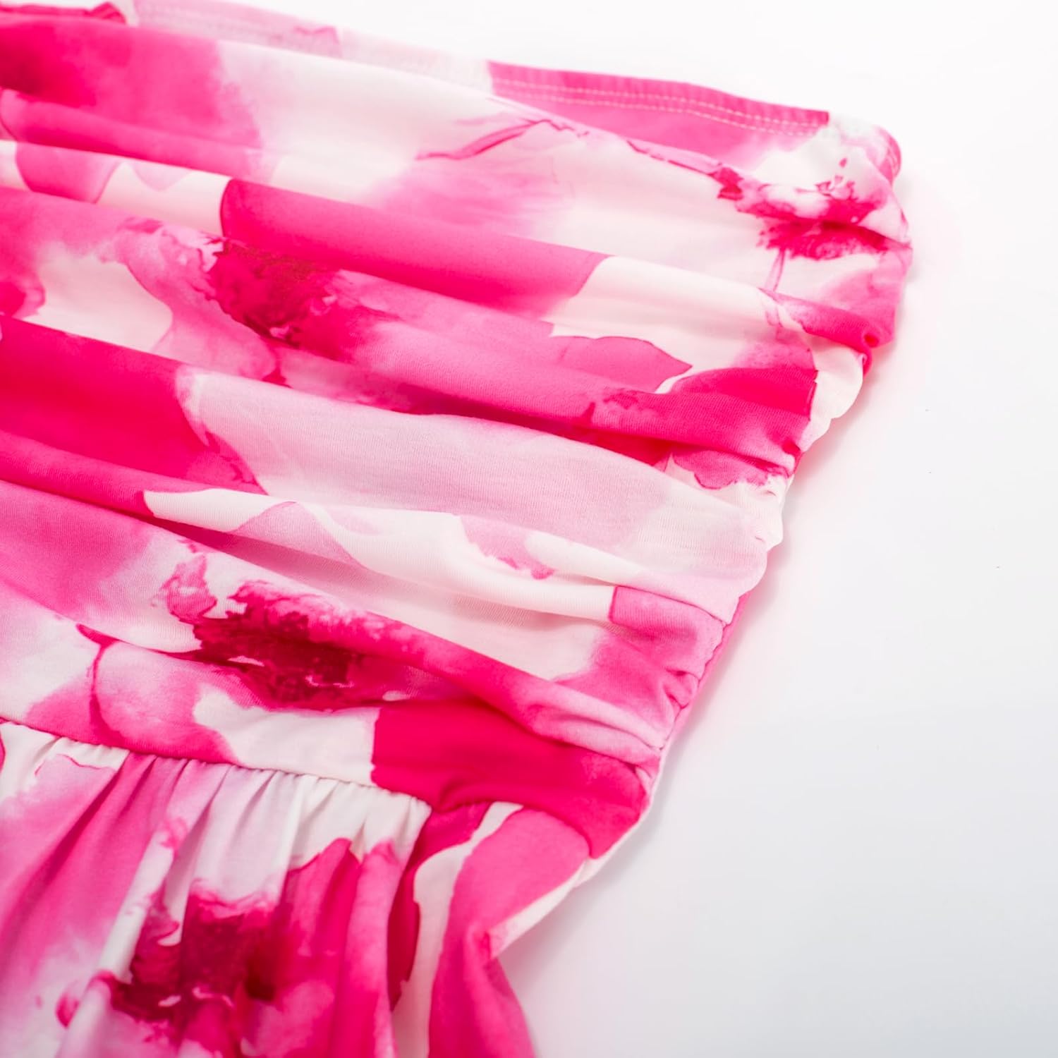 Women Strapless Dress Casual Loose Ruched Long Maxi Dress with Pockets - Pink Flower