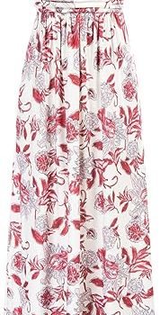 Women Strapless Dress Casual Loose Ruched Long Maxi Dress with Pockets - Floral Pink