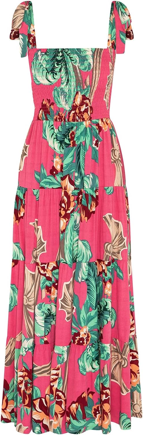 Women's Summer Boho Spaghetti Strap Square Neck Ruffle Casual Flowy Long Dress Beach Swing Party Maxi Dress - Red