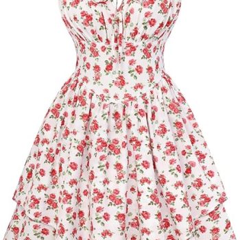Floral Mini Corset Dress for Women Teen 2026 Summer Spring Flowy A-Line Sundress with Pockets - White Red-rose Pattern
