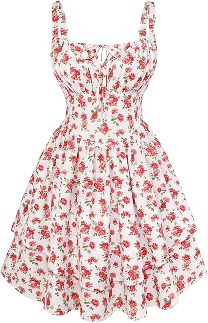 Floral Mini Corset Dress for Women Teen 2026 Summer Spring Flowy A-Line Sundress with Pockets - White Red-rose Pattern