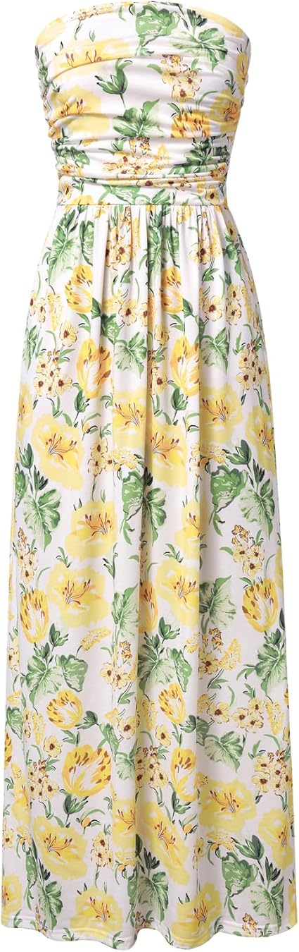 Women Strapless Dress Casual Loose Ruched Long Maxi Dress with Pockets - White Green Leaves