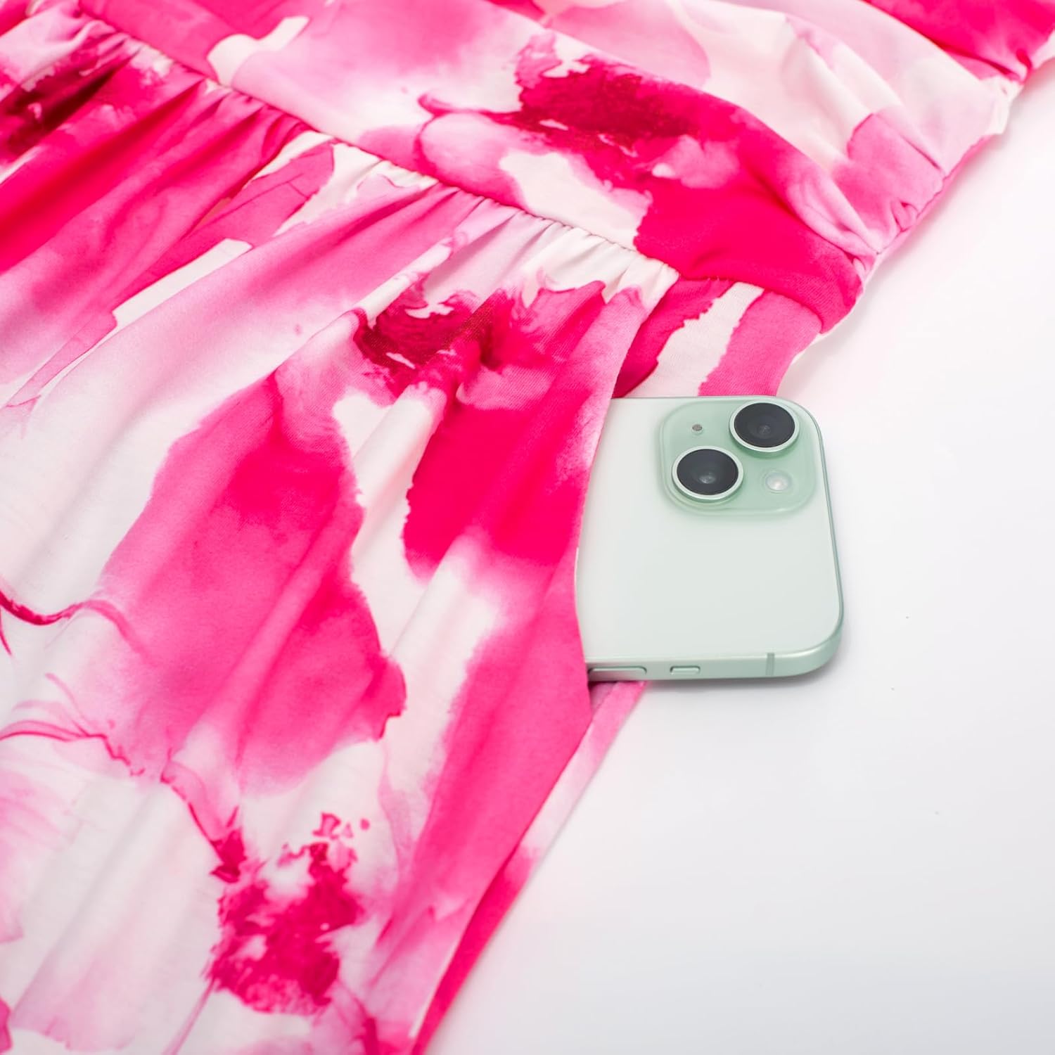 Women Strapless Dress Casual Loose Ruched Long Maxi Dress with Pockets - Pink Flower