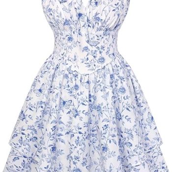Floral Mini Corset Dress for Women Teen 2026 Summer Spring Flowy A-Line Sundress with Pockets - Blue Leaf Pattern