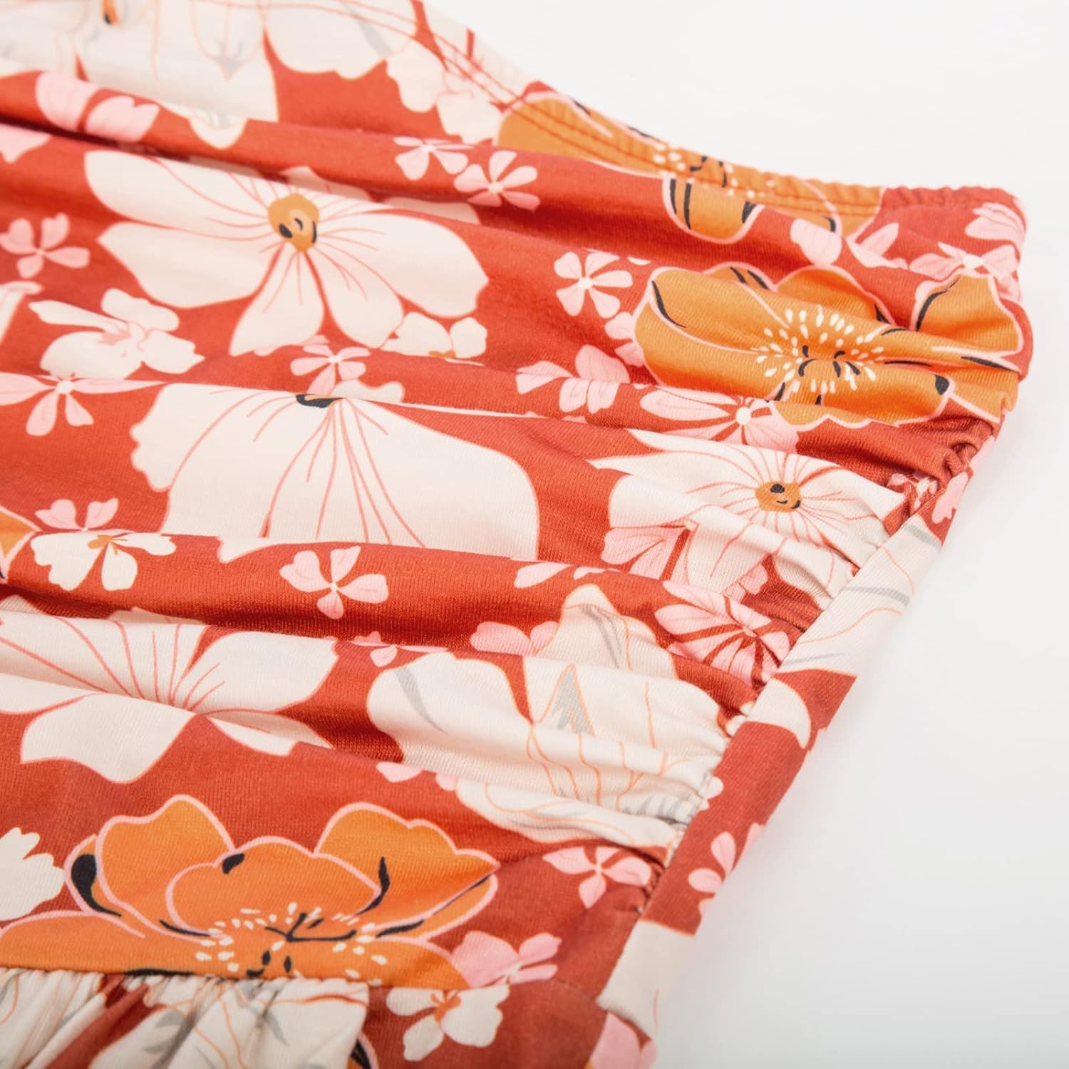 Women Strapless Dress Casual Loose Ruched Long Maxi Dress with Pockets - Apricot Flower