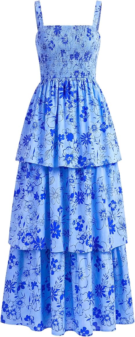 Summer Dresses for Women 2026 Floral Spaghetti Strap Wedding Guest Dress Maxi Beach Vacation Clothes - Floral Blue Blue