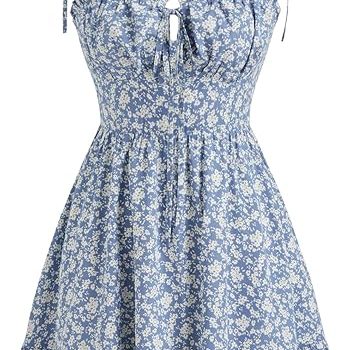 Floral Dress for Women Summer Mini Sundresses Spaghetti Strap Cute Vacation Dresses Boho Casual Outfits - Blue