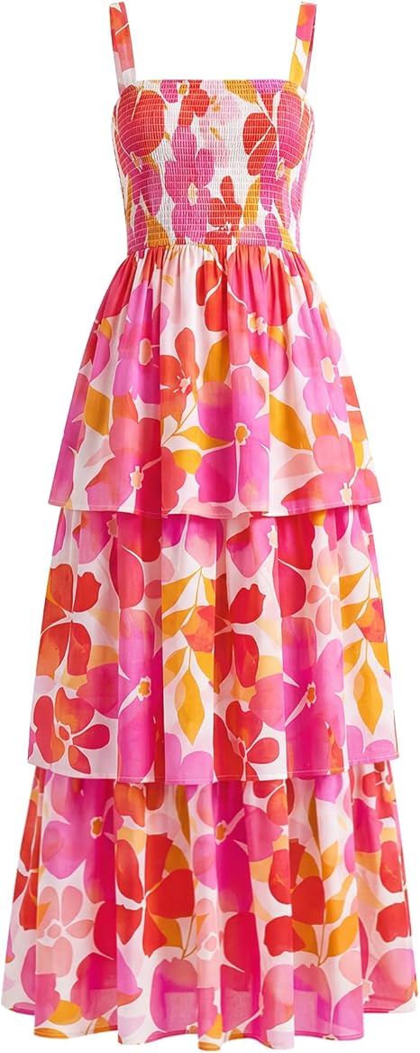 Summer Dresses for Women 2026 Floral Spaghetti Strap Wedding Guest Dress Maxi Beach Vacation Clothes - Floral White Pink