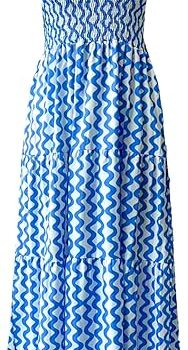 Women's Summer Boho Spaghetti Strap Square Neck Ruffle Casual Flowy Long Dress Beach Swing Party Maxi Dress - W-blue