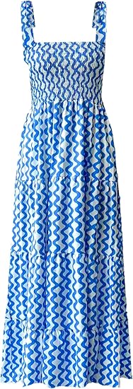 Women's Summer Boho Spaghetti Strap Square Neck Ruffle Casual Flowy Long Dress Beach Swing Party Maxi Dress - W-blue
