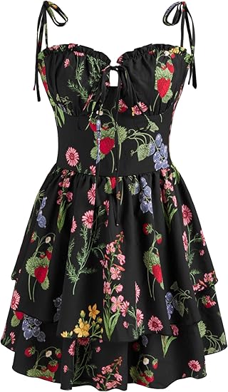 Floral Dress for Women Summer Mini Sundresses Spaghetti Strap Cute Vacation Dresses Boho Casual Outfits - Black Floral
